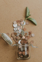 Coins Going Out From A Dropped Glass Jar, With Green Plant Leaves, Over A Woonde Table. Vintage Tone.
