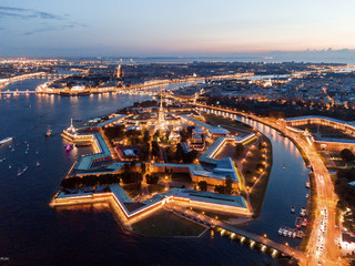 Aerial view of the night city of St. Petersburg, Peter and Paul Fortress.