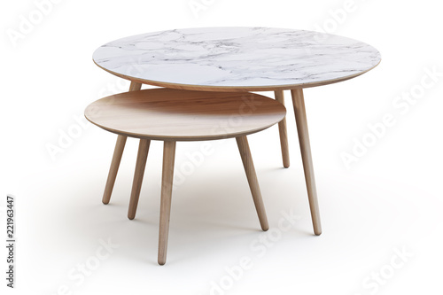 Modern White Round Coffee Tables On Thin Legs And Marble And Wood