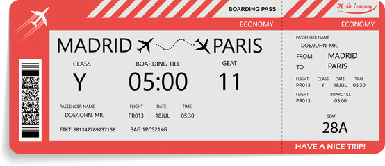 vector illustration of pattern of airline boarding pass ticket in red colors. concept of travel, jou
