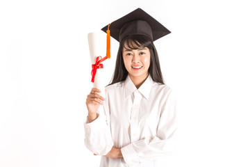 Beautiful Attractive Graduated Asian woman in cap holding certificated and showing thumbs up good hand sign feeling so proud and happiness,Isolated on white background,Education Success concept