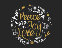Merry Christmas Background With Typography, Lettering. Greeting Card - Peace, Joy, Love - Stock Vector