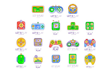 Poster - Game gadget collection in line style. Colorful gameplay, joystick, gaming controller. Vector let s play logo