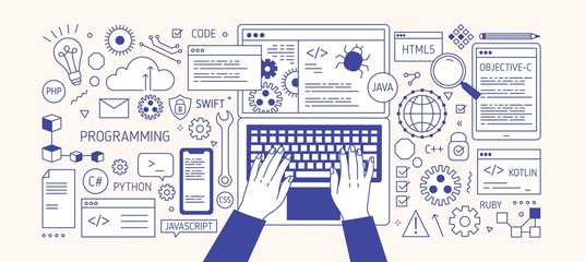 horizontal banner with hands typing on laptop keyboard, various electronic devices and symbols. prog