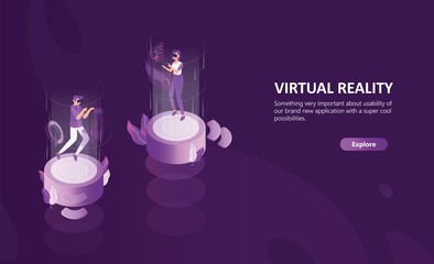 Wall Mural - Horizontal web banner template with man and woman wearing virtual reality glasses. Male and female cartoon characters enjoying VR headset effects. Modern colorful isometric vector illustration.