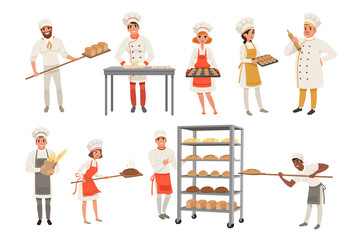 Sticker - Bakers characters set with bread and cooking tools. Happy people in aprons and hats, young men and women in uniform working in bakery. Vector isolated on white.