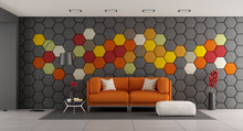 Modern Living Room With White Sofa And Colorful Hexagonal Panels On Wall - 3d Rendering