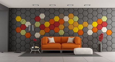 Wall Mural - Modern living room with white sofa and colorful hexagonal panels on wall - 3d rendering