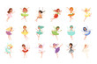 Colorful set of fairies in flying action. Little creatures with colorful hair and wings. Mythical fairy tale characters in cute dresses. Flat vector design