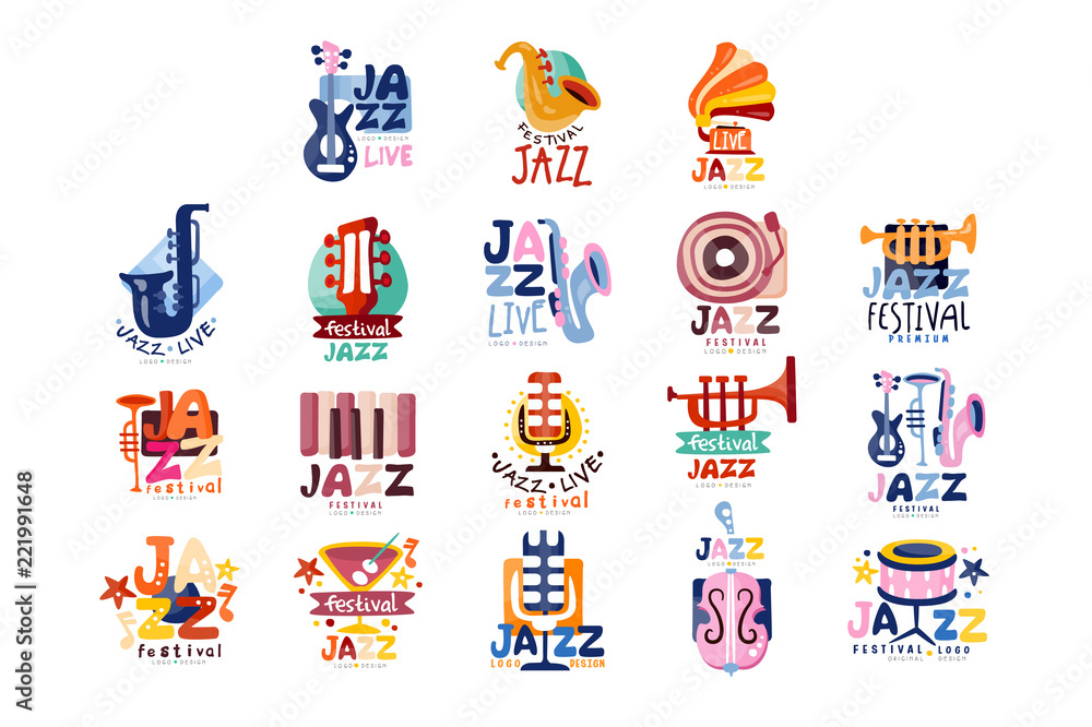 Logos set for jazz festival or live concert. Musical event labels or emblems with guitar, saxophone, retro gramophone, trumpet. Vector collection. - obrazy, fototapety, plakaty 