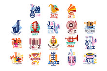 Logos Set For Jazz Festival Or Live Concert. Musical Event Labels Or Emblems With Guitar, Saxophone, Retro Gramophone, Trumpet. Vector Collection.
