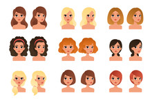 Collection Of Beautiful Young Girls With Different Hairstyles And Colors Shades Long, Short, Medium, Curly, Blond, Red, Black, Brunette. Flat Vector Avatars For Mobile Game