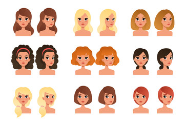 Wall Mural - Collection of beautiful young girls with different hairstyles and colors shades long, short, medium, curly, blond, red, black, brunette. Flat vector avatars for mobile game