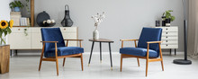 Real Photo Of Bright Living Room Interior With Two Royal Blue Armchairs, End Table With Flowers And Cupboard With Books