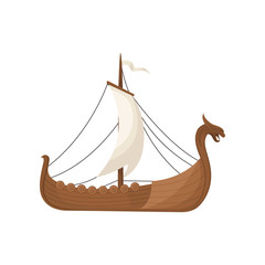 Wall Mural - Viking scandinavian draccar with hite sails, Norman ship sailing vector Illustration on a white background