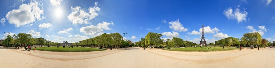 beautiful 360 degree panorama in spring with a blue sky of the eiffel tower in paris, france