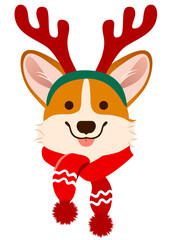 Christmas Corgi dog cute cartoon vector portrait. Pembroke Welsh corgi puppy dog wearing antlers and scarf. Winter, Christmas, pets, dog lovers theme design element, flat contemporary style.