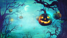 Halloween Theme With Pumpkins And Dark Forest. Spooky Halloween