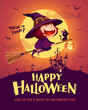 Happy Halloween. Halloween flying little witch. Girl kid in Halloween costume flying over the moon. Retro vintage.