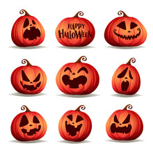 Set Pumpkins Of Halloween. A Variety Of Pumpkins For Halloween Design. Collection Of Halloween Pumpkins.