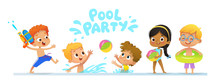 Pool Party Invitation Template Baner. Multiracial Children Have Fun In Pool. Redhead Boy With A Toy Water Gun Jumping In A Pool. Children Playing With A Ball In The Water.
