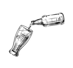 Wall Mural - Beer from the bottle is poured into a glass, a mug. Kraft drink with frothy head for a convivial or celebratory toast. Hand drawing sketch for a menu of breweries, pubs and restaurants. Vector