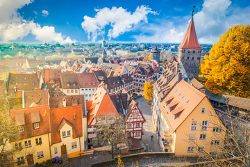 Poster - cityscape of Old town of Nuremberg with city wall, Germany, retro toned