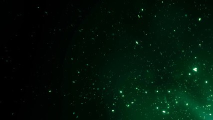 Wall Mural - Beautiful Magic Sparks Rising from Large Fire in Night Sky. Abstract Isolated Green Color Glowing Particles on Black Background Flying Up. Looped 3d Animation. Moving Corner. 4k Ultra HD 3840x2160