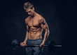 © Fxquadro - Handsome shirtless man with stylish hair and muscular ectomorph doing the exercises with the barbell.