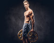 © Fxquadro - Handsome shirtless ectomorph bodybuilder with stylish hair posing with a barbell disk on dark background.