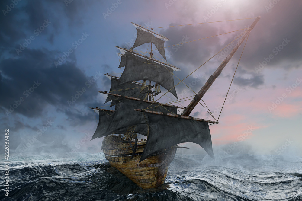 pirate ship sailing on the sea, 3D render - obrazy, fototapety, plakaty 