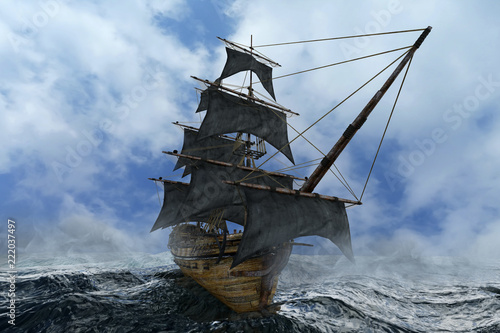 pirate ship sailing on the sea, 3D render