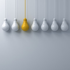 Fototapete - Think different concept One hanging yellow light bulb standing out from the white light bulbs on white wall background with shadows leadership and individuality creative idea concepts 3D rendering