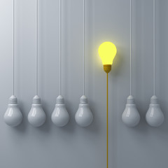 Fototapete - Think different concept One glowing light bulb standing out from the dim or unlit white lightbulbs on white wall background with shadows leadership and individuality creative idea concept 3D rendering