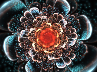 Wall Mural - dark orange and blue fractal flower, digital artwork for creative graphic design
