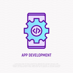 Wall Mural - app development thin line icon: smartphone with wheel and coding sign. modern vector illustration.