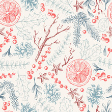 Vector Hand Drawn Seamless Pattern With Christmas Natural Herbal
