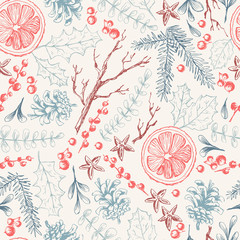 Vector hand drawn seamless pattern with Christmas natural herbal