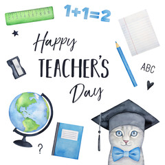 Happy Teacher's Day holiday greeting card design with cheerful little kitten character in graduation hat and different traditional classroom elements like earth globe, abc, ruler, lined note book.