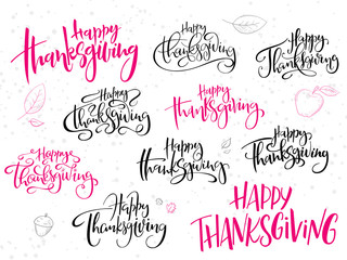 Wall Mural - vector hand lettering greeting happy thanksgiving day text set, written in various styles with doodle leaves and dots