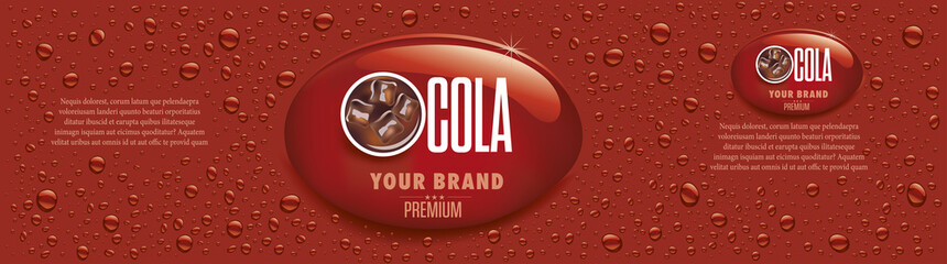 Wall Mural - cola drink packaging with many drops and ice cubes in drink