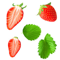 Wall Mural - Collection of strawberries with leaf isolated on white