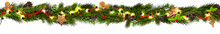 Christmas Border (Weihnachten Girlande) With Fir Branches, Pine Cones, Holly, And String Lights. Merry Christmas Background With Open Space For Your Text.