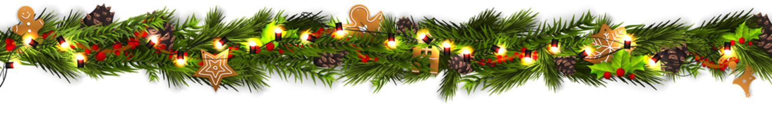 Wall Mural - christmas border (weihnachten girlande) with fir branches, pine cones, holly, and string lights. mer