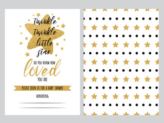 Canvas Print - Baby shower invitation template, backgtround with cute golden star shape, vector set twinkle