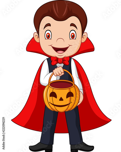 Cartoon vampire holding pumpkin basket