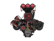 Red engine with supercharger front view 3d render on white background no shadow