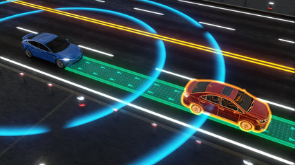 Wall Mural - Autonomous self driving electric car change the lane and overtakes city vehicle 3d rendering