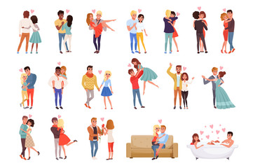 Poster - Young men and women characters in love hugging set, happy romantic loving couples cartoon vector Illustrations