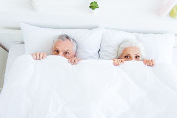 Wall Mural - High angle top view surprised funny couple gray hair people in p